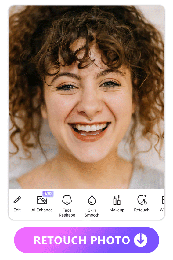 a UI image of a woman with curly brow hair being edited with Vivid Glam to look younger